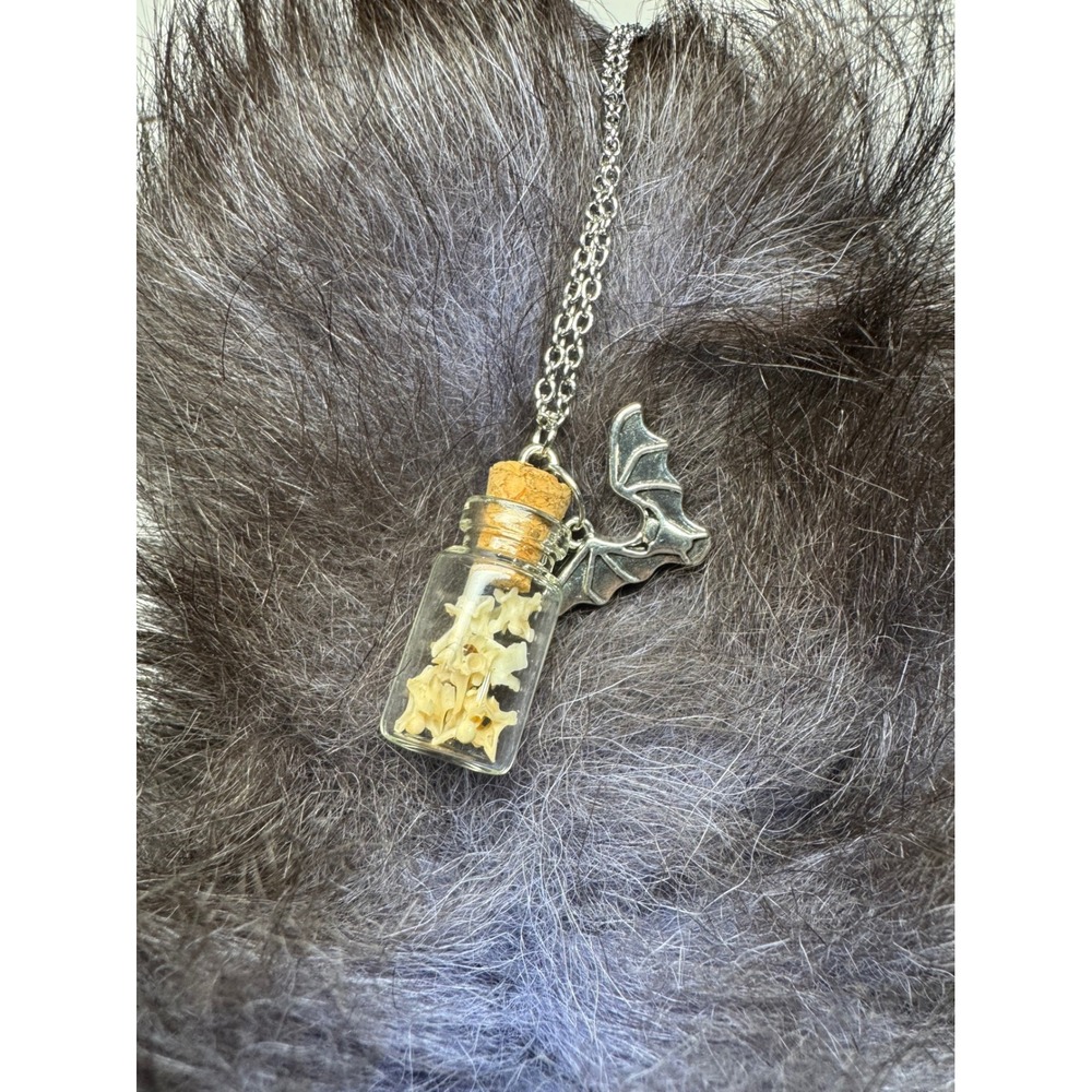 Vertebrae Vial Necklace‎ Bat Wing Charm Gothic Witchy Halloween Jewelry